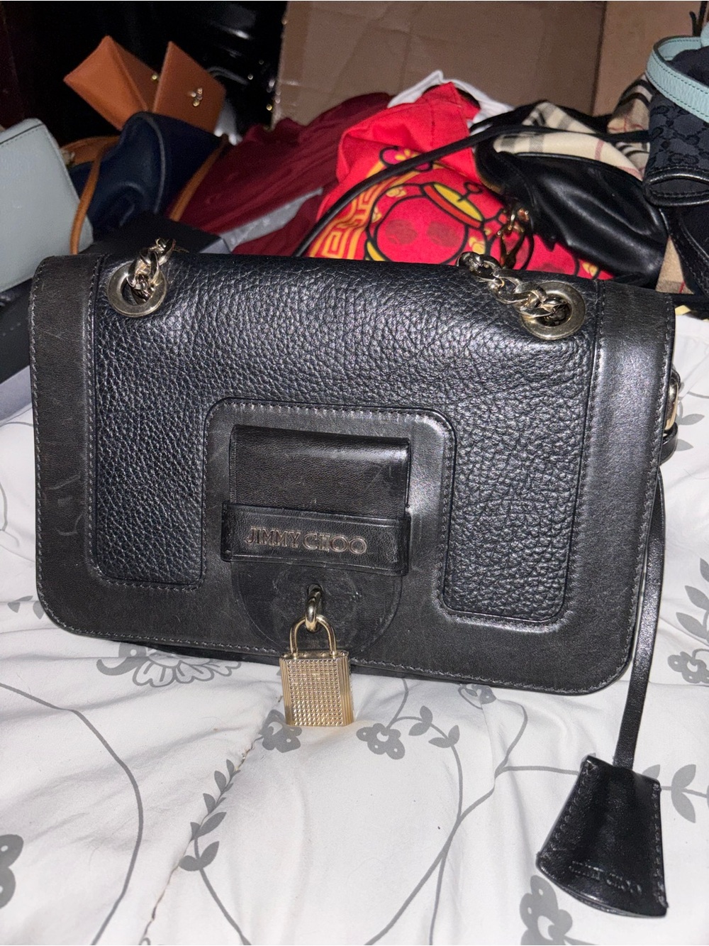 Jimmy Choo Black Pebbled Leather Shoulder Bag with Gold Padlock